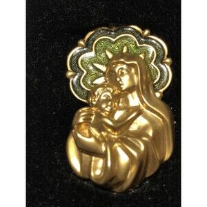 Vintage AVON Green Enamel & Gold Tone Madonna & Child Virgin Mary Tack Pin